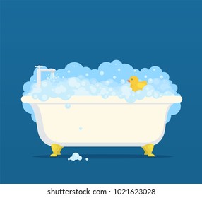 Bathtub With Soap Bubbles And Cute Duck