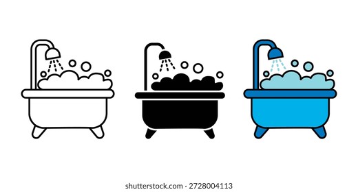 Bathtub with soap foam icon, bath tub with shower head icon.  Foaming water sign. Hygiene pictogram vector illustration.