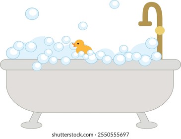 Bathtub with soap foams or bubbles and rubber duck. Cute flat cartoon vector illustration element. For children's book