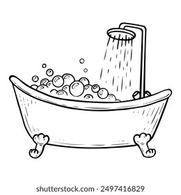 Bathtub with soap suds for washing hand drawn doodle. Watering can with tropical rain for the shower room. Relaxation in the bath. Bathroom. Vector outline line art illustration.