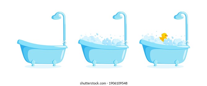 Bathtub with suds and rubber duck and shower. Clawfoot tub set with duck, bubbles and foam. Vector illustration in cartoon style