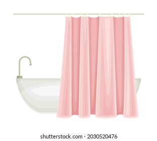 Bathtub with Tap and Shower Curtain as Home Amenity for Holding Water for Bathing Vector Illustration