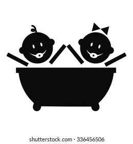 bathtub and toddler, black vector icon