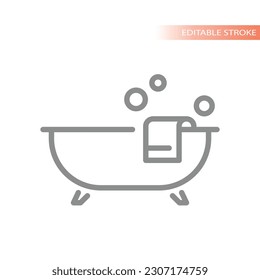 Bathtub with towel and bubbles thin line vector icon. Outline bath tub, editable stroke.