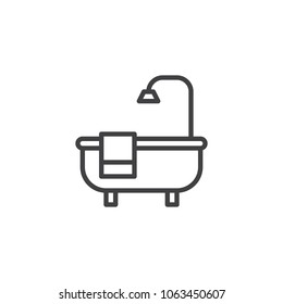 Bathtub and towel outline icon. linear style sign for mobile concept and web design. Bath with shower simple line vector icon. Symbol, logo illustration. Pixel perfect vector graphics