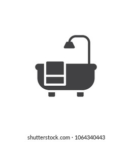 Bathtub and towel vector icon. filled flat sign for mobile concept and web design. Bath with shower simple solid icon. Symbol, logo illustration. Pixel perfect vector graphics
