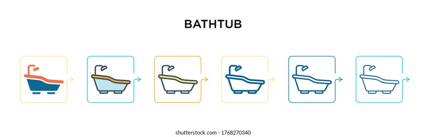 Icono vectorial de la bañera en 6 estilos modernos diferentes. Iconos de bañera negros, de dos colores, diseñados en un estilo relleno, contorno, línea y trazo. La ilustración vectorial se puede usar para web, móvil, ui