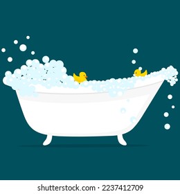 Ilustración vectorial de bañera con burbujas de espuma dentro y juguete de pato de goma amarillo aislado en el fondo verde. Relajante interior de baño