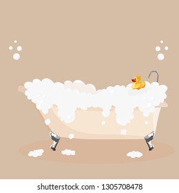 Bathtub vector illustration. Relax bathroom interior with vintage bath and soap foam bubbles. Vector illustration. Isolated on a white background.