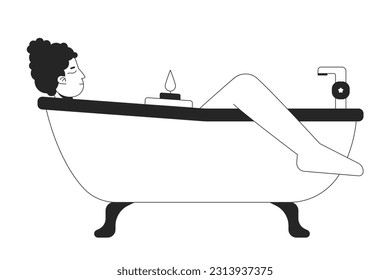 Bathtub woman line art vector cartoon character. Editorial, magazine spot illustration black and white. Full body outline person isolated on white. Editable 2D simple drawing, graphic design