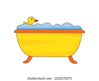 Bathtub with yellow rubber duck isolated. Bath time in flat style vector illustration