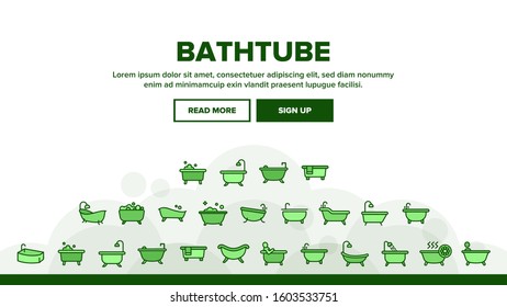 Bathtube And Shower Landing Web Page Header Banner Template Vector. Bathtube In Different Form, With Human And Full Soap Bubbles, Faucet And Towel Illustration