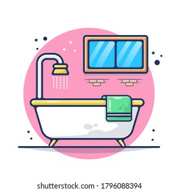 Bathub in Toilet with Brush and    Interior Vector Illustration. Set Toilet Interior. Flat Cartoon Style Suitable for Sticker, Wallpaper, Icon, etc.