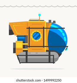 Bathyscaphe cartoon, Yellow Submarine sea research transport. Vector