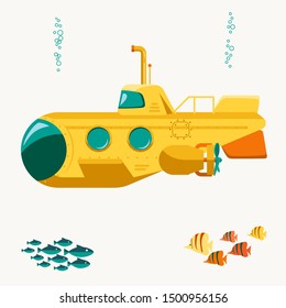 Bathyscaphe cartoon, Yellow Submarine sea research transport. Vector