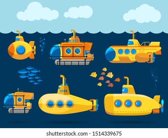 Bathyscaphe cartoon, Yellow Submarine sea research transport. Vector