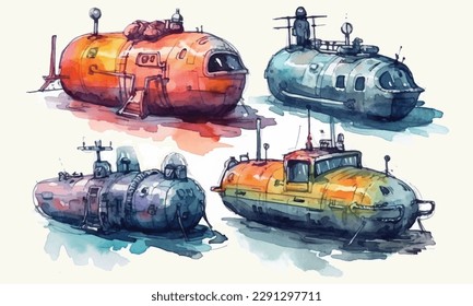 Bathyscaphe cartoon, Yellow Submarine sea research transport. Vector stock illustration
