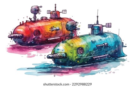 Bathyscaphe cartoon, Yellow Submarine sea research transport. Vector stock illustration