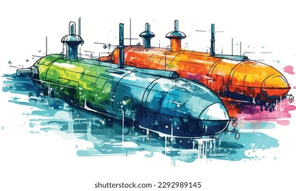 Caricatura de Bathyscaphe, transporte de investigación en el mar submarino amarillo. Ilustración de material vectorial
