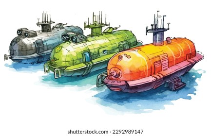 Bathyscaphe cartoon, Yellow Submarine sea research transport. Vector stock illustration
