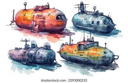 Bathyscaphe cartoon, Yellow Submarine sea research transport. Vector stock illustration
