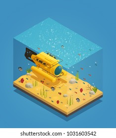 Bathyscaphe Deep Sea Exploration Submergence Vehicle On  Sandy Ocean Bottom  With Seaweeds Isometric Composition Vector Illustration 