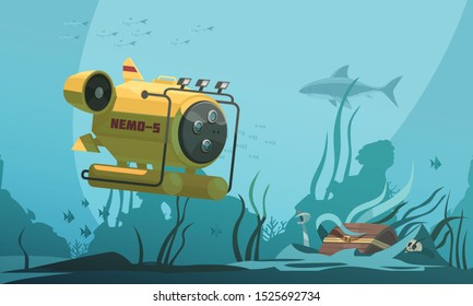 Bathyscaphe diving cabin approaches treasure chest on bottom surrounded by fish and seaweeds underwater background  vector illustration 