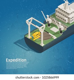 Bathyscaphe diving equipment for underwater exploration tests discoveries on board expedition ocean vessel isometric composition vector illustration  