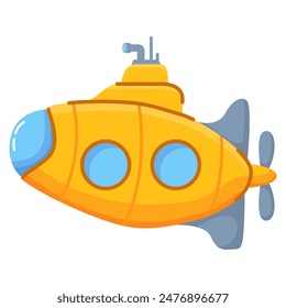 Bathyscaphe explore underwater world.Underwater boat ship. Cartoon underwater submarine with periscope.Yellow submarine.Vector flat illustration.Isolated on white background.Toy boat.