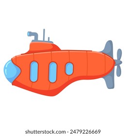 Bathyscaphe explore underwater world.Underwater boat ship. Cartoon underwater submarine with periscope.Red submarine.Vector flat illustration.Isolated on white background.Toy boat.