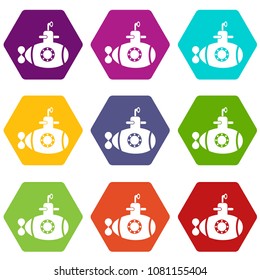 Bathyscaphe with hatch icons 9 set coloful isolated on white for web