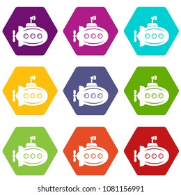 Bathyscaphe with horn icons 9 set coloful isolated on white for web