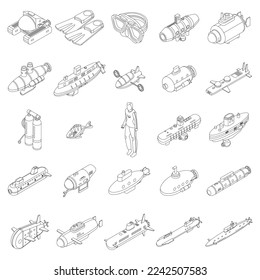 Bathyscaphe icons set. Isometric set of bathyscaphe vector icons for web design isolated on white background outline