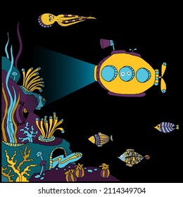 bathyscaphe on a reef surrounded by fish