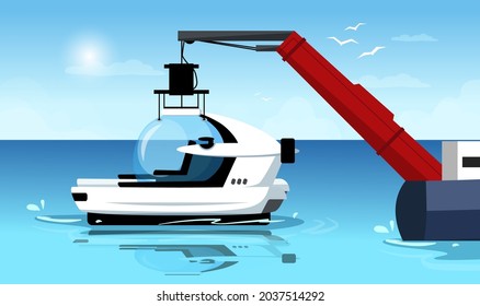 Bathyscaphe is putting on sea water by hoisting crane. Horizon with seagulls, clouds and sun. Concept of underwater travel and trip. Vector graphic illustration