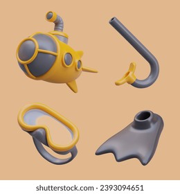 Bathyscaphe, snorkeling, mask, flipper. Different types of diving under water. Concept of depth research. Scuba diving. Set of vector 3D illustrations on color background