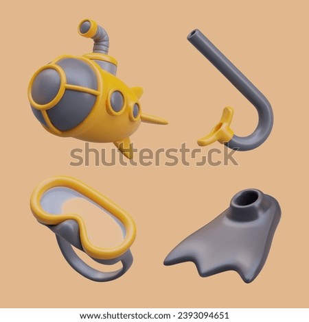Bathyscaphe, snorkeling, mask, flipper. Different types of diving under water. Concept of depth research. Scuba diving. Set of vector 3D illustrations on color background