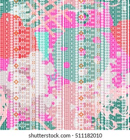 Batik. Abstract art colorful seamless pattern, paint stains. Watercolor, chaotic brush strokes. Boho. Ethnic. Background distressed texture, wallpaper, wrapping