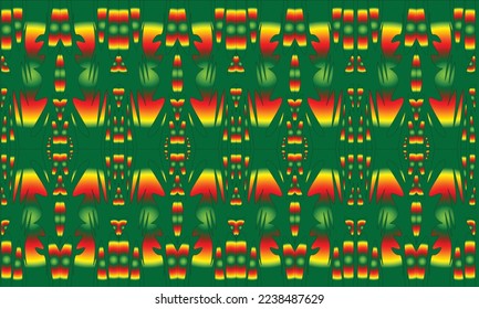 Batik-Hintergrund mit dunkelgrünen, roten, orangefarbenen und gelben Motiven