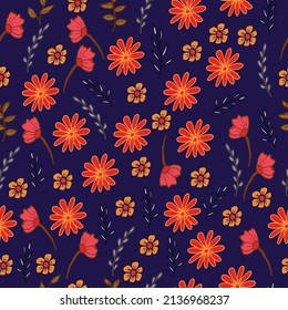 batik background with leaf and orange flowers. hand drawn vector. seamless pattern with flower and leaf illustration on blue background. wallpaper, wrapping paper and gift, textile, fabric, backdrop. 