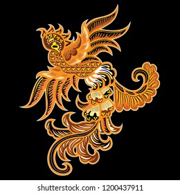 batik. batik bird, black. printed on fabric. garment. used as material for making clothes or dresses for special occasions such as weddings, meetings, official clothing etc. Vector illustration