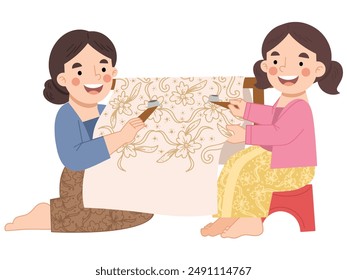 Batik day cartoon illustration. Woman and little girl painting batik vector illustration