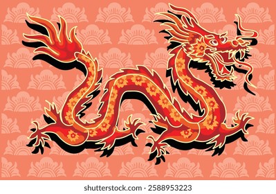 Batik design with dragon motif with dragon, cloud, and flower background. Mandarin translation: Dragon