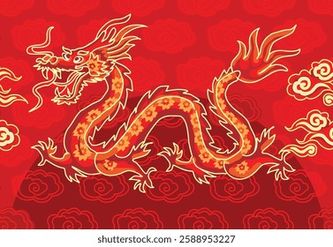 Batik design with dragon motif with dragon, cloud, and flower background. Mandarin translation: Dragon
