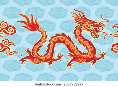 Batik design with dragon motif with dragon, cloud, and flower background. Mandarin translation: Dragon