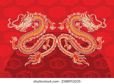 Batik design with dragon motif with dragon, cloud, and flower background. Mandarin translation: Dragon