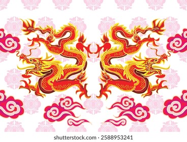 Batik design with dragon motif with dragon, cloud, and flower background. Mandarin translation: Dragon