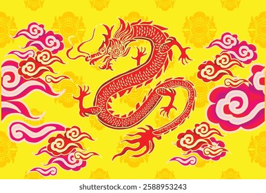 Batik design with dragon motif with dragon, cloud, and flower background. Mandarin translation: Dragon