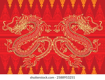 Batik design with dragon motif with dragon, cloud, and flower background. Mandarin translation: Dragon