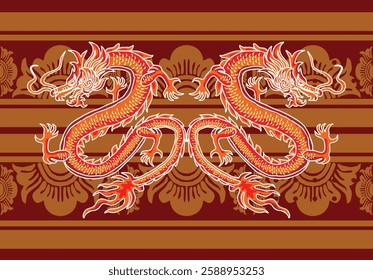 Batik design with dragon motif with dragon, cloud, and flower background. Mandarin translation: Dragon